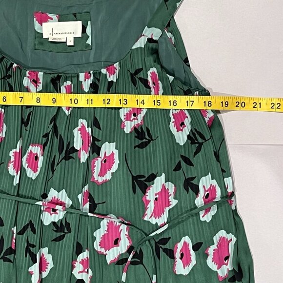 Anthropologie Women's Pleated Floral Dress Small Size Belted Green Colorful - Picture 6 of 13
